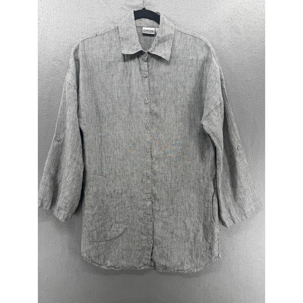 Vtg Chico's 0 S/4 White Black Linen Blouse Top Coastal Grandma Beachy Shirt